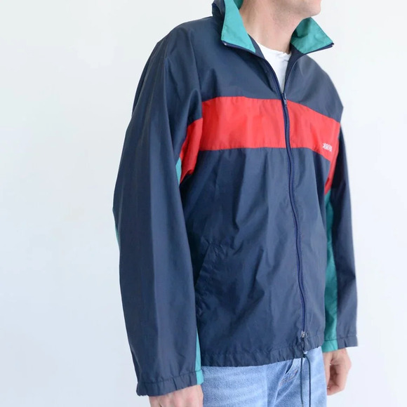Vintage Brooks Red Navy Zip Waterproof Nylon Stowaway Hood Windbreaker Jacket  M - Picture 2 of 11